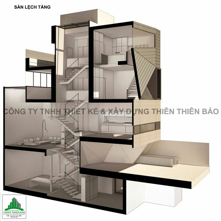 kiến trúc nhà với kiểu sàn lệch tầng tại Phan Thiết